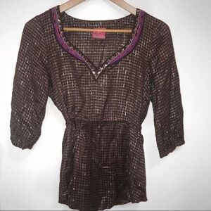 Free People Boho Metallic Checked Blouse-XS